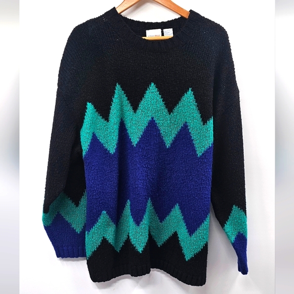 Vintage Sweater Styles To Go Black Turquoise Size Large - Picture 1 of 7